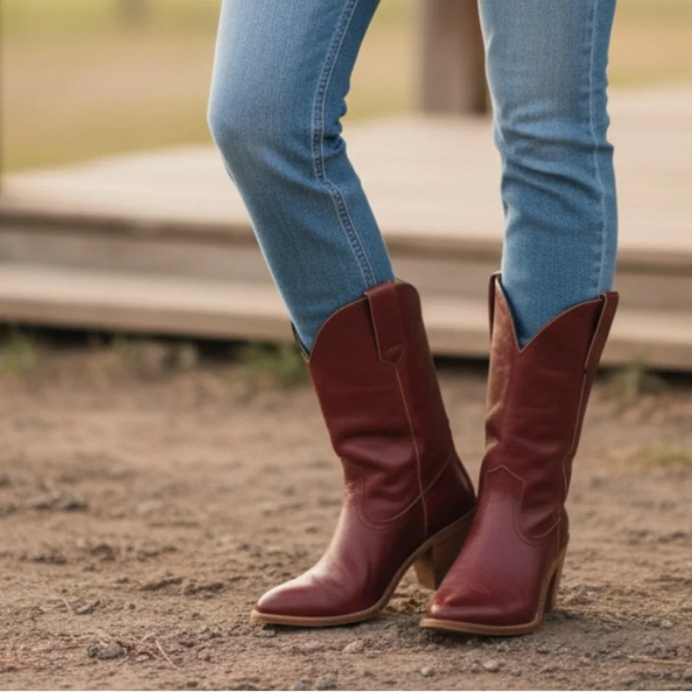 1990’s Frye Vintage Leather Pull On Red Cognac Heeled Cowboy Western Cute Bootie